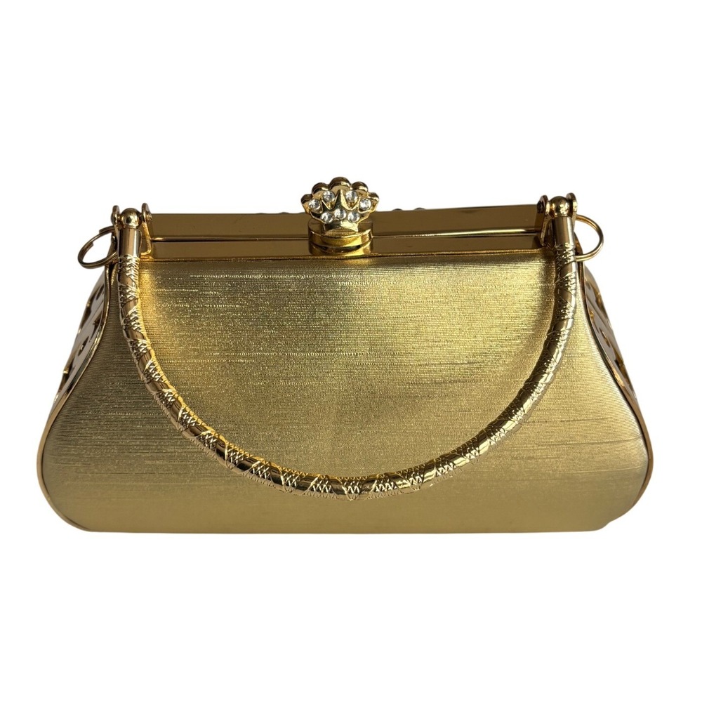 Vintage Gold Metallic Evening Clutch Bag Crown Rhinestone Formal Prom Event